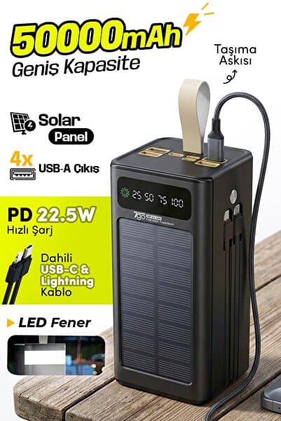 7GO GPW-01 50.000 mAh Solar Powerbank – 22.5 W Hızlı Şarj, Dahili Kablolu, LED Ekranlı Taşınabilir Ş