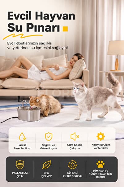 Floria Paslanmaz Çelik 3,2 L Kedi Su Pınarı | Ultra Sessiz Çeşme | 304 Çelik | BPA İçermez | Otomatik Sürekli Akan Su