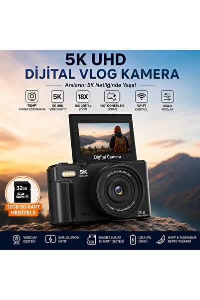 5K UHD 75MP Dijital Fotoğraf Makinesi Vlog Kamera – 18X Dijital Zoom, 180° Dönebilen IPS Ekran, Wi-Fi Kontrollü, Slow Motion & Time-Lapse Destekli 64GB SD Kart Hediyeli Fotoğraf Makinası
