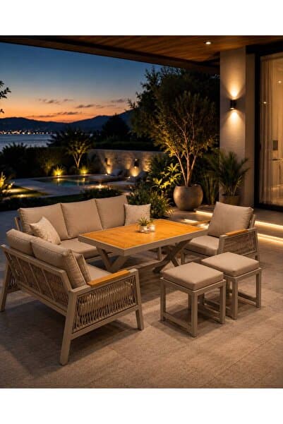 Rovena GARDEN Balkon Takımı, Cappuccino Bahçe Takımı 5+1 (Masa 70x110 3lü Koltuk 70x180 Tekli Koltuk 70x70 2'li koltuk 70x150 2 Adet puf