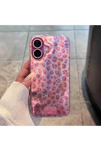 MustCase iPhone 16 Uyumlu Pembe Leopar Desenli Şeffaf Simli Telefon Kılıfı Şık ve Koruyucu Tasarım