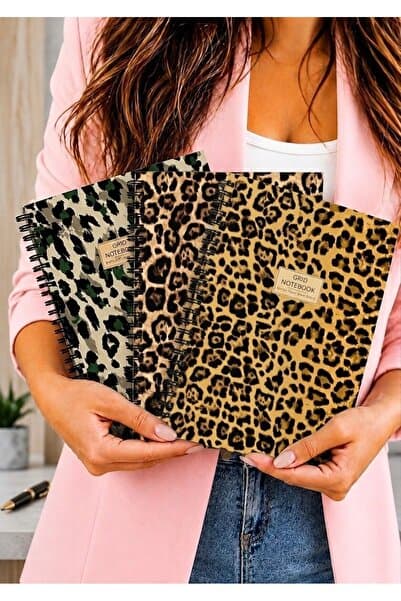 Happy Notes A5 Spiralli Karton Kapak 3’lü Set Kareli Okul Defteri 80 Yaprak, Ders Programlı, Leopard Series