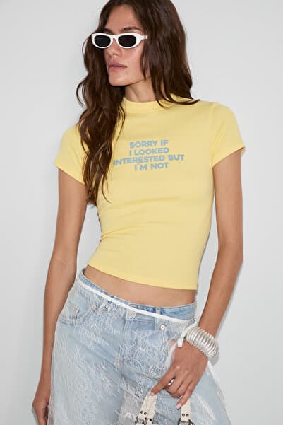 ETHIQUET GALLURA Kadın Yumuşak Ve Esnek Kumaşlı Baskı Detaylı Yuvarlak Yakalı Kısa Kol Sarı T-Shirt