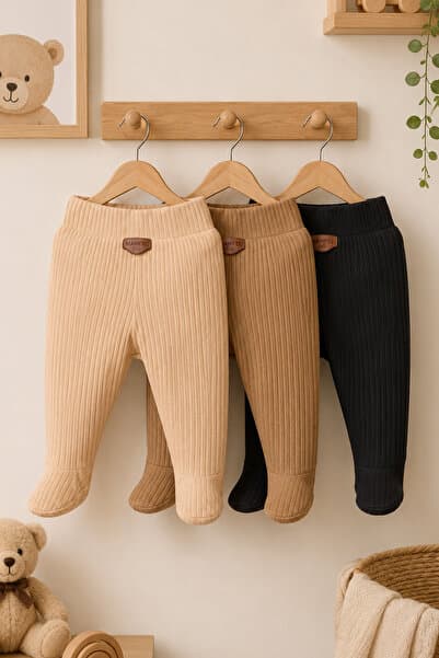 MAHFEL %100 Pamuklu Basic 3'lü Patikli Unisex Bebek Alt Pantolon