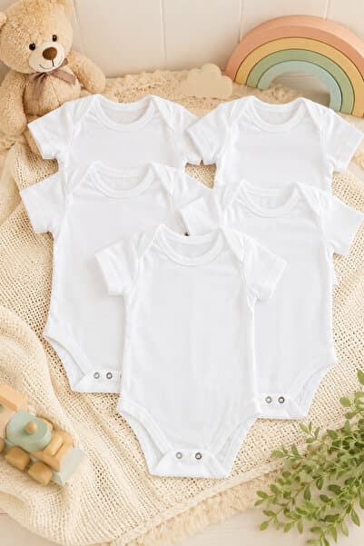 ARELSTORE Kısa Kol Bebek Zıbın 5’Li Paket Bisiklet Yaka Unisex Body Seti %100 Pamuk