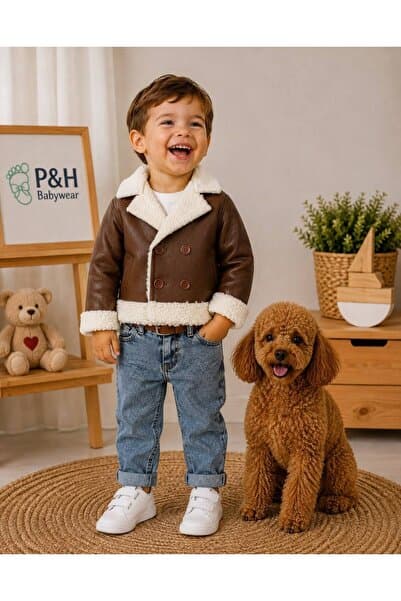 P&H BABYWEAR Suni Deri Kürklü Mont-Ceket Likralı Kot Pantolonlu Kışlık 4lü Şık Erkek Bebek Çocuk Takımı