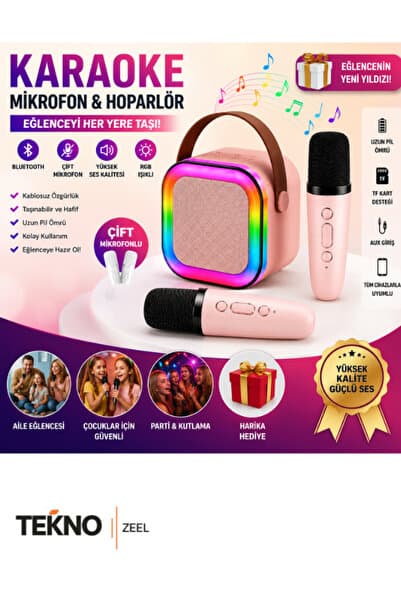 teknozeel Çift Mikrofonlu Karaoke 5 Ses Efektli Rgb Işıklı Bluetooth Kablosuz Hoparlör
