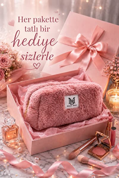 MAKE BAG Büyütülmüş Pembe PELUŞ Makyaj Çantası (25X12X12)