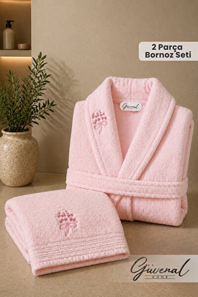 Güvenal Rüya 2 Parça Pamuk Nakışlı Bornoz Seti | Bornoz | Havlu | Çeyiz Seti - Pembe