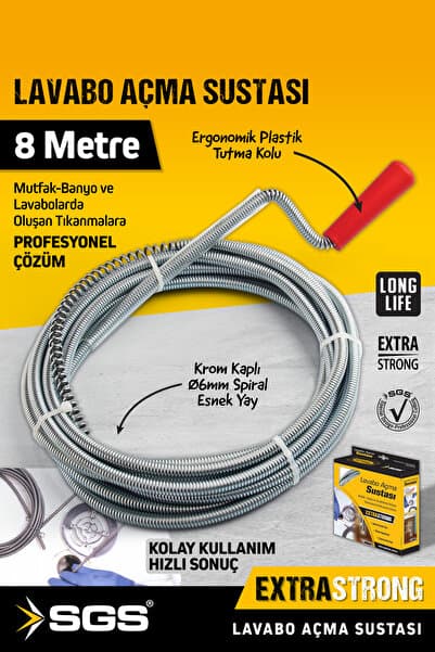 Genel Markalar SGS973 8 Metre Lavabo Açma Sustası Lavabo Gider Boruları Açma Teli