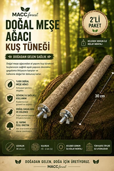 macc Mutlu Kuşlar Serisi / Doğal Ağaç Kuş Tüneği / 2 Adet - 35/45cm