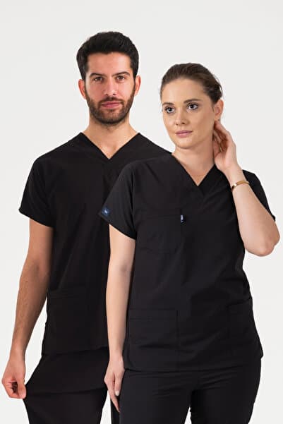 DRCLASS Tek Üst Siyah Likralı Unisex Medikal Hemşire Ve Doktor Üniforması Cerrahi Giyim