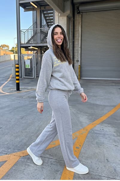 macharel jeans Kadın Ribana Lastikli Bol Paça Palazzo Gri Eşofman Altı