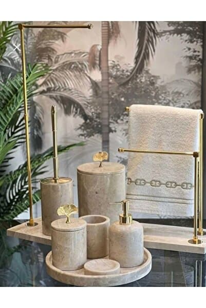 ege gross DEKORATİF DOĞAL BEJ MERMER 9 PARÇA GOLD YAPRAK BANYO SETİ /WC-İKİLİ HAVLULUK