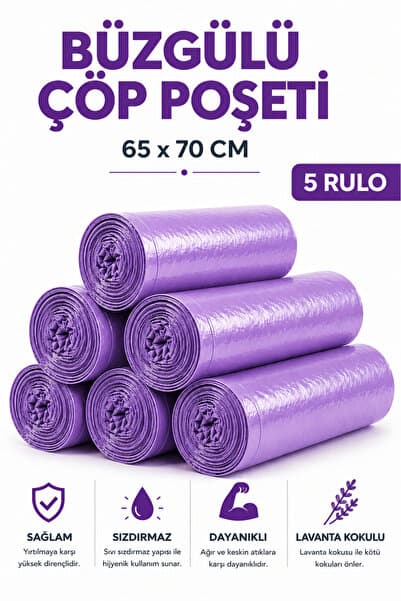 Büzgülü Çöp Poşeti Lavanta Kokulu 65×70 cm Büyük Boy 5 Rulo Dayanıklı Sızdırmaz Kalın Çöp Torbası