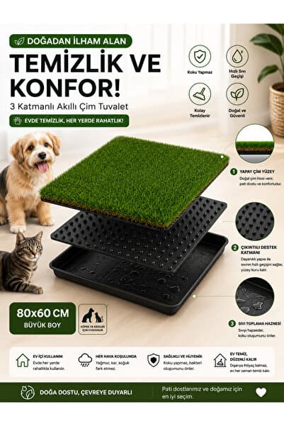 Black Gold Premium Akıllı Çim Tuvaleti Kedi ve Köpekler İçin 3 Katlı Yıkanabilir Büyük Boy 80x60