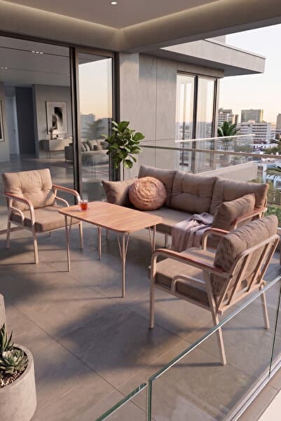 Canisa Ekon Serisi 1. Sınf 3+1+1 ve 1 Adet Orta Sehpa 2 Yastıklı Cappucino İskeletli Bahçe Balkon Oturma Koltuk Takımı