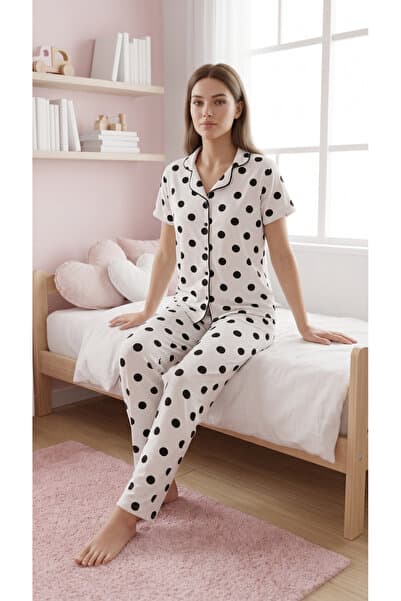 Sude HOMEWEAR Kadın Kısa Kol Gömlek Puantiye Desenli Pijama Takımı