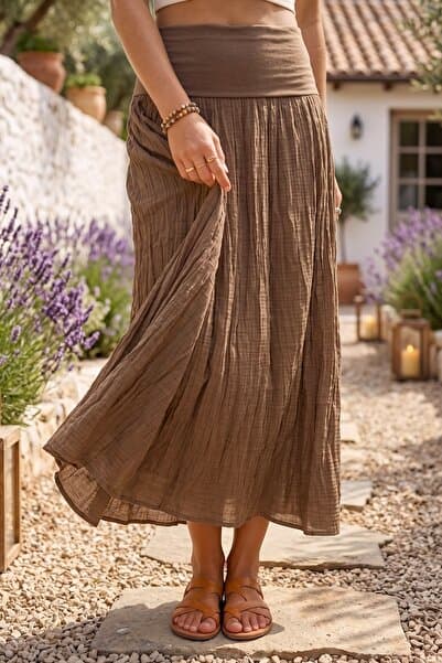 Chiccy Camel Astarlı Katlanabilir Kumaş Bel Casual Pamuklu Uzun Dokuma Etek 95 65