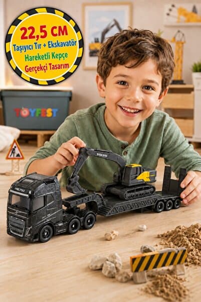 TOYFEST Volvo FH16 Taşıyıcı Tır ve Ekskavatör İnşaat Aracı Oyuncak Seti 22.5 cm