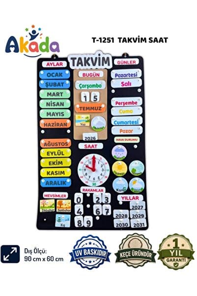 AKADA Takvim Saat Keçe Eğitim Panosu – Pimli Sökülüp Takılabilir Gün Ay Mevsim Hava Durumu Saat 90x60 cm
