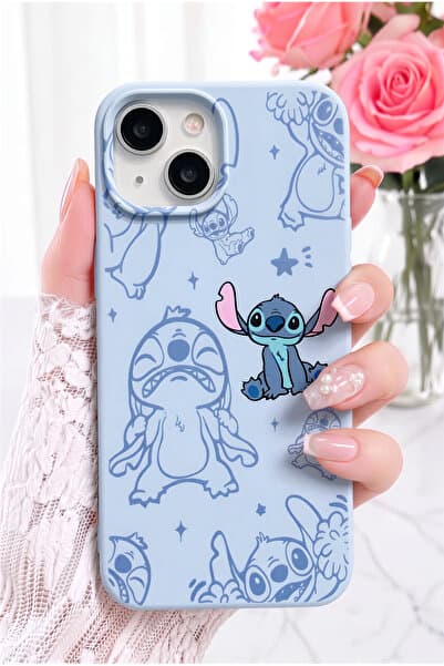 Fibaks iPhone 13/14/15 Kılıf Stitch Desenli Bebe Mavi Kadifemsi Soft Touch Silikon Telefon Kılıfı | Kamera Korumalı, Darbe Emici Premium Kapak