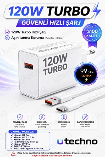 utechno 120W (WATT) Turbo Hızlı Şarj Adaptör+Kablo(Set) Tüm Telefonlarla Uyumlu Turbo Hızlı Şarj Aleti Seti