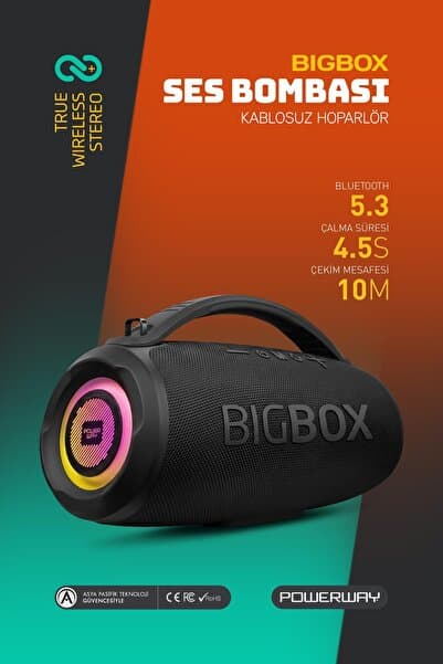 Powerway Bigbox 40W Güç Çift Bass Usb Hafıza Kartı Aux Fm Led Işıklı Bluetooth Hoparlör Hi-Fi