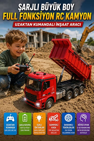 OpenCity Şarjlı Uzaktan Kumandalı RC Damperli Kamyon Büyük Boy Işıklı İnşaat Oyuncağı