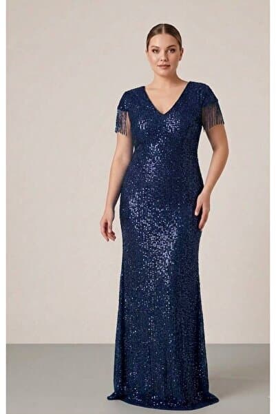 NOVERA DRESS Lacivert V Yaka Ay Kol Sacak Detaylı Taşlı Büyük Beden Abiye Elbise