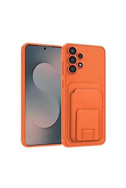 Pro Aksesuar Samsung Galaxy A23 Uyumlu Kılıf Standlı Kartlıklı Silikon Kılıf Turuncu
