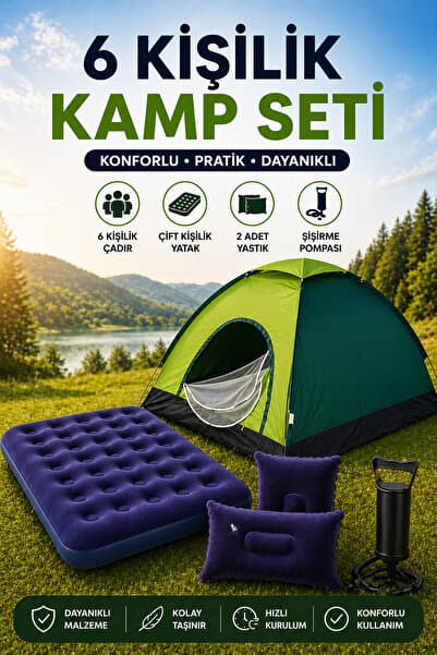 Onetick 6 Kişilik Kamp Çadırı Çift Kişilik Yatak ve Yastık Kamp Seti