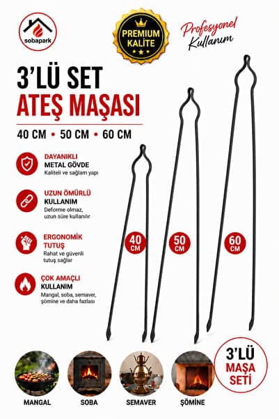 sobapark Demir Maşa Seti Ateş Maşası Köz Maşası Odun Kömür Kestane Mangal Maşası 3'lü Maşa Seti 40-50-60 cm