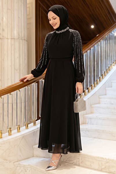 InStyle Kolları Taşlı Pullu Siyah Şifon Abiye