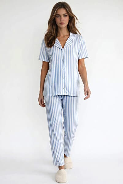 Kompedan Kadın Kısa Kollu Dikey Çizgili Pijama Takımı | Mavi