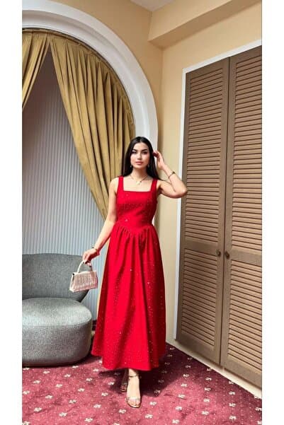 Moda Banuş Taş Baskılı A Kesim Bağcıklı Kırmızı Elbise-DAR KALIP