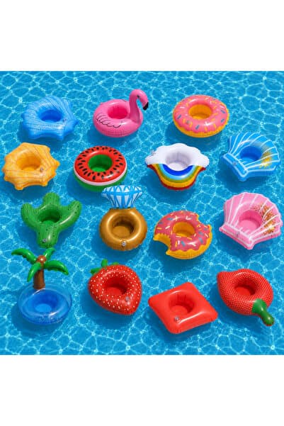 Şeker Ofisi 15'li Şişme Havuz Bardak Tutucu Karnaval Seti – Flamingo, Deniz Kabuğu, Donut, Karpuz, Kaktüs ve Meyve Temalı Yüzen İçecek Tutucular