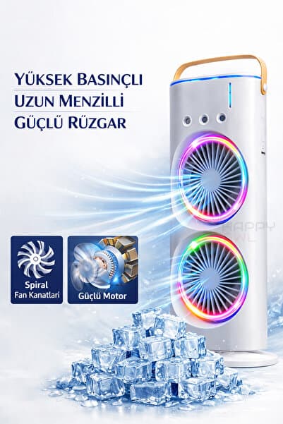 Happy Owl Şarjlı Mini Klima - Buzlu Vantilatör – RGB LED Işıklı, Uzaktan Kumandalı, Su ve Buz Etkili Serinletici Fan | Güçlü Spiral Kanat, Sessiz Motor, Uzun Menzilli Rüzgar, 2 Yıl Garanti