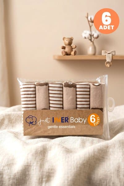 Just inner Erkek Bebek 6'lı Pamuklu Ağız Mendili Ayıcık ve Çizgili Desenli Kutulu Set Nefes Alan Dok