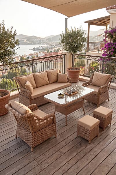 Canisa Frezya Serisi 1. Sınıf 3+1+1+2+2 Yastık Cappucino Rattan Cappucino Minder Bahçe Balkon Oturma Koltuk Takımı