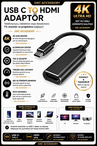 Grc Accessory 4K Type C to Hdmi Dönüştürücü Çevirici Adaptör Macbook Pro iPad Çevirici Samsung iPhone 15/16/17 Pro Max