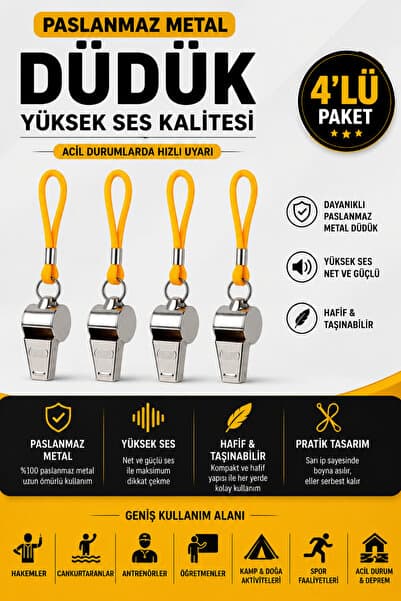 Impress 4 Adet Kaliteli Sarı İpli Paslanmaz Metal Deprem Düdüğü, Hakem, Can Kurtaran Düdük (4 ADET)