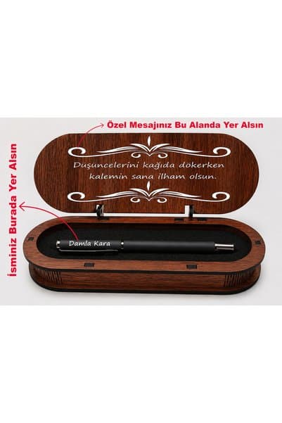 karalar ahşap Kişiye Özel İsimli Ahşap Kutulu Özel Mesajlı Metal Tükenmez Kalem Hediyelik