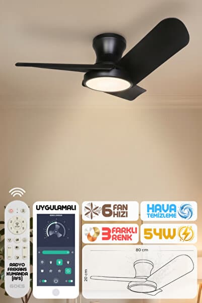 Enshall 80cm Modern Goes Uzaktan Kumandalı 3 Kanatlı Uygulamalı Tavan Vantilatörü Ve Led Lamba Işık 54W