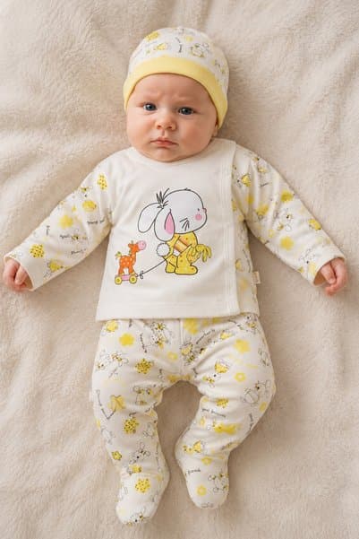 Biberon Baby Bebek Takımı 3 Parça Pamuklu Zıbın Baskılı Set Yenidoğan Kendinden Eldivenli