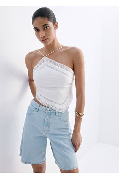 MANGO Yüksek bel düz kesim denim bermuda şort