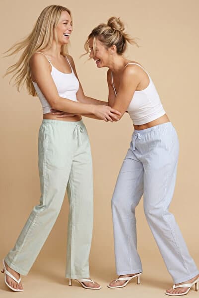 Siyah İnci yeşil mavi 2'li çizgi desenli Mevsimlik İnce Örme Tek Alt Pijama Altı 8048