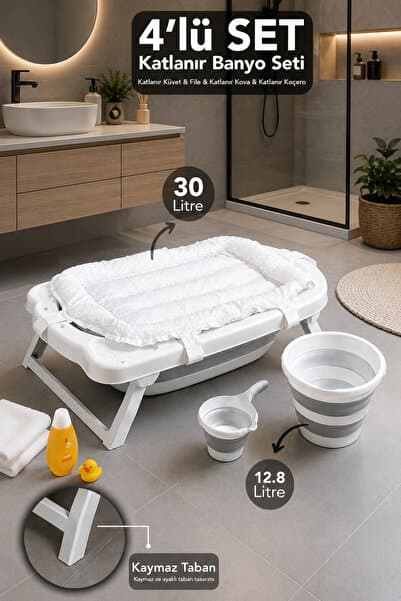 Meleni Baby 4'lü Lüks Akordiyon Bebek Banyo Seti - Katlanabilir Küvet Büyük Su Kovası Maşrapa Köpük File Gri