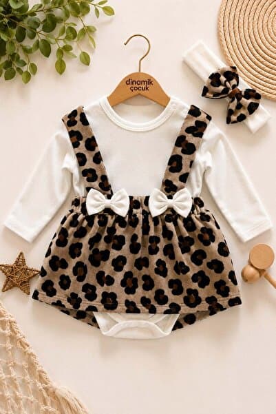 dinamik çocuk Kız Bebek Leopar Desenli Bandanalı Alttan Çıtçıtlı Badili Askılı Elbise 3lü Takımı 0-3-6-9-12 Ay