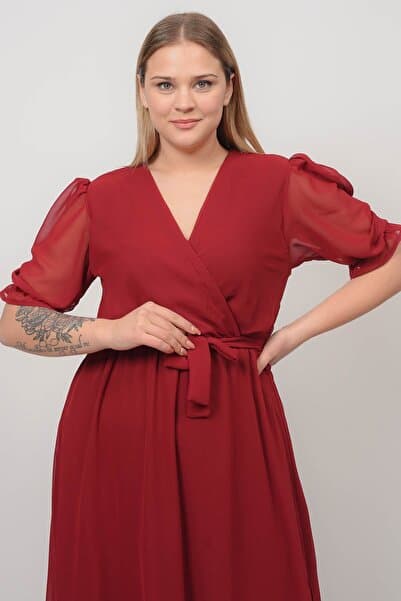 XXL BUTİK Kadın Bordo Kuşaklı Büyük Beden Astarlı Şifon Elbise Btq064
